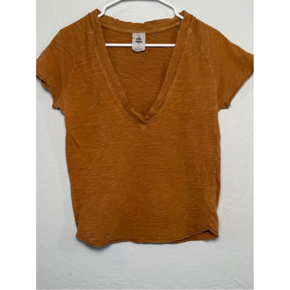 Free People We The Free Burnout V-Neck Tee Shirt Burnt Orange Slub Knit Size M